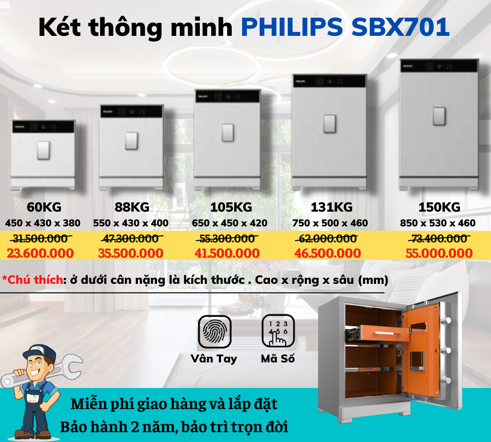 các hạng cân của két sắt vân tay Philips SBX701